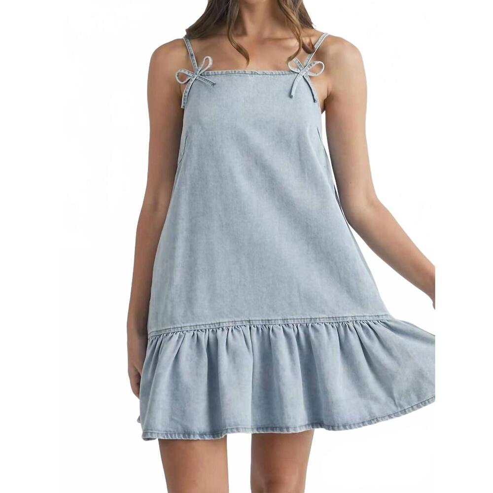 NEW MABLE cami ribbon bow detail denim mini dress in blue denim - Picture 4 of 5